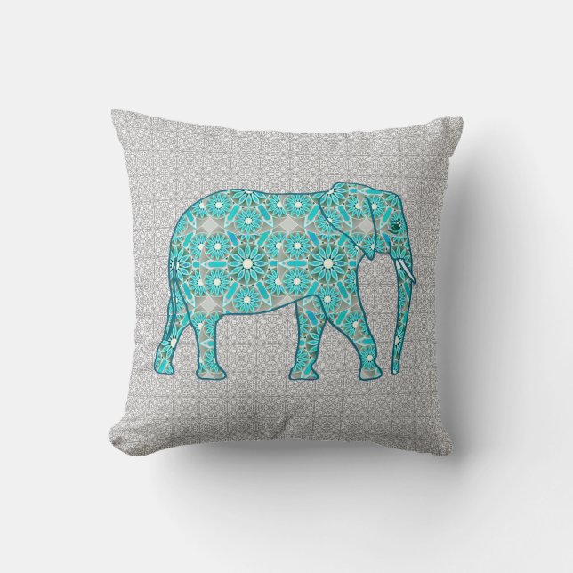Mandala flower elephant - turquoise, grey & white throw pillow (Front)