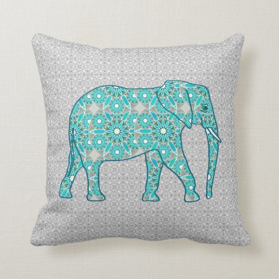 Mandala flower elephant - turquoise grey & white throw pillow
