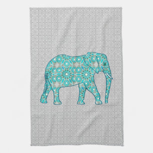 Mandala flower elephant - turquoise, grey & white towel
