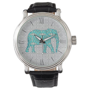 Mandala flower elephant - turquoise, grey & white watch