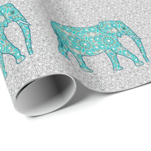 Mandala flower elephant - turquoise, grey & white wrapping paper