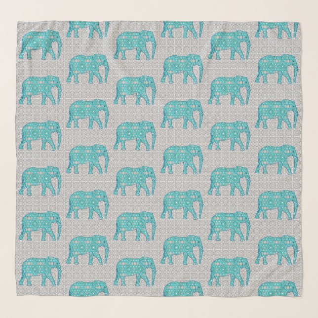Mandala flower Elephants, turquoise, grey & white Scarf (Front)
