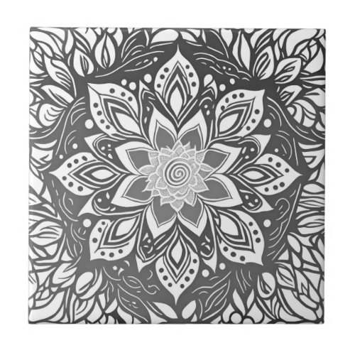 Mandala Flower in Black and white Ceramic Tile