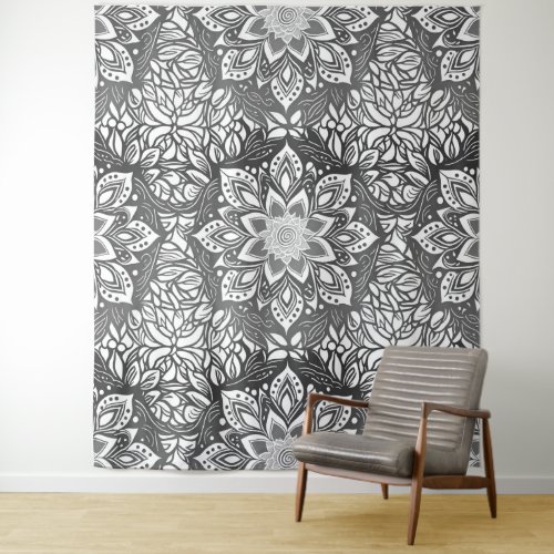 Mandala Flower in Black and white Tapestry