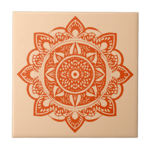 Mandala Flower in Mandarin Orange Ceramic Tile