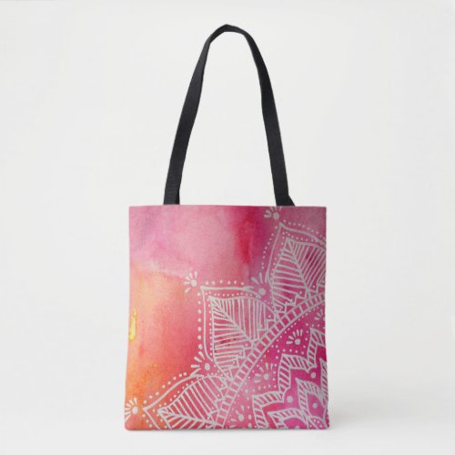 Mandala flower on watercolor background _ pink tote bag