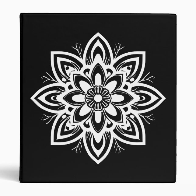 Mandala Flower Pattern in Black and White 3 Ring Binder (Front)