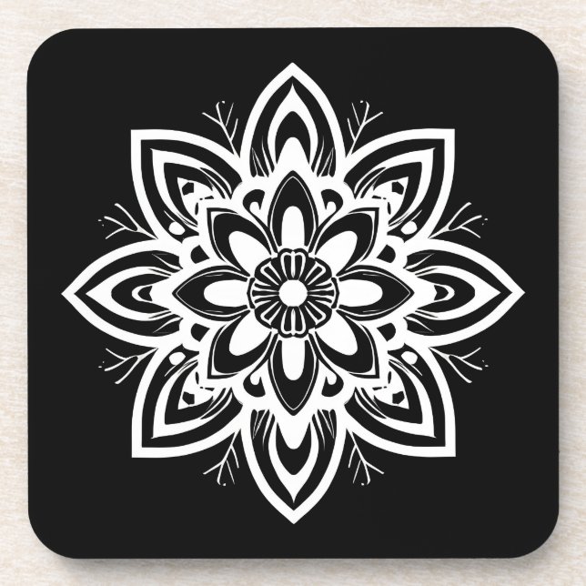Mandala Flower Pattern in Black and White Beverage Coaster (Front)