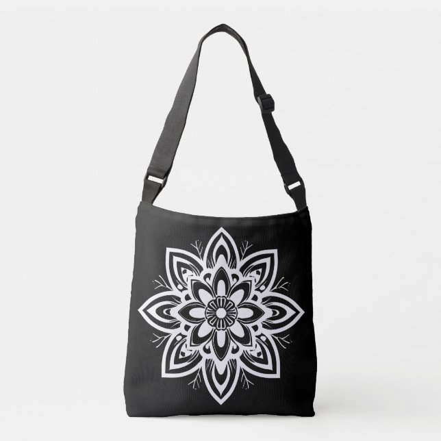 Mandala Flower Pattern in Black and White Crossbody Bag (Front)