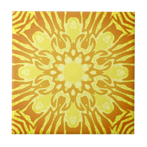 Mandala Flower Pattern _ Mustard Gold and Yellow  Ceramic Tile