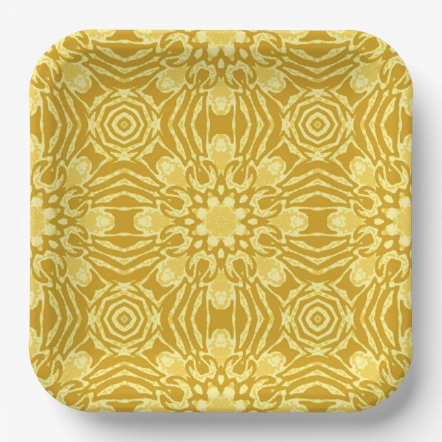 Mandala Flower Pattern - Mustard Gold and Yellow   Paper Plates (Front)