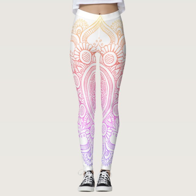 Mandala Flower - White and Rainbow Leggings (Front)