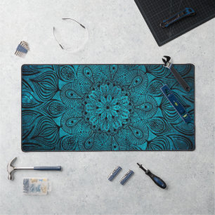 Mandala Flower Zen Cool Bright Vibrant Teal Blue Desk Mat