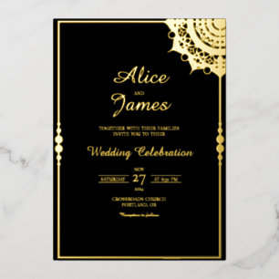 Mandala Frame Classic Black Gold Foil Wedding Invitation