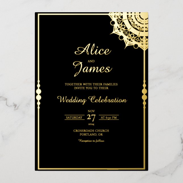Mandala Frame Classic Black Gold Foil Wedding Invitation (Front)