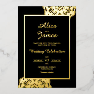 Mandala Frame Elegant Black Gold Foil Wedding Invitation