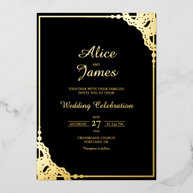 Mandala Frame Elegant Black Gold Foil Wedding Invitation (Front)