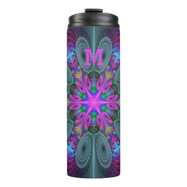 Mandala From Center Colorful Fractal Art Monogram Thermal Tumbler (Front)