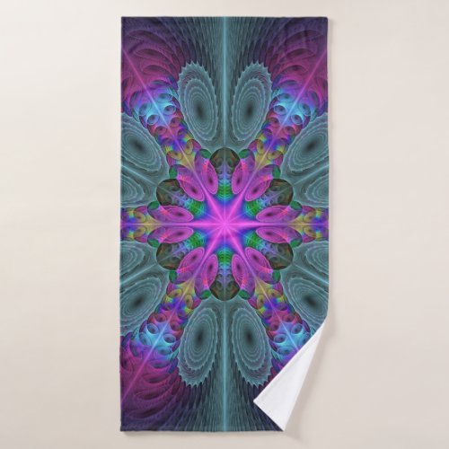 Mandala From Center Colorful Fractal Art With Pink Bath Towel