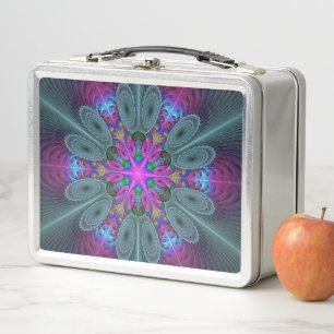 Mandala From Center Colorful Fractal Art With Pink Metal Lunch Box