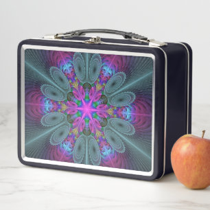Mandala From Center Colorful Fractal Art With Pink Metal Lunch Box