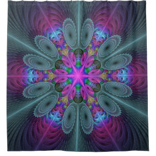 Mandala From Center Colorful Fractal Art With Pink Shower Curtain