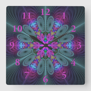 Mandala From Center Colorful Fractal Art With Pink Square Wall Clock