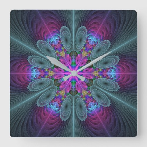 Mandala From Center Colorful Fractal Art With Pink Square Wall Clock