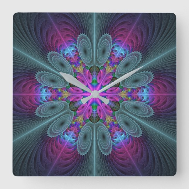 Mandala From Center Colorful Fractal Art With Pink Square Wall Clock (Front)