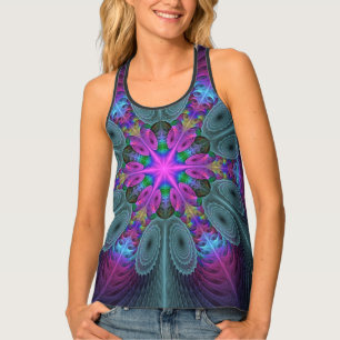 Mandala From Center Colorful Fractal Art With Pink Tank Top