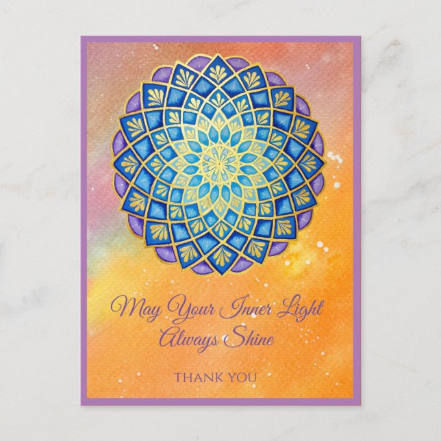 Mandala Gold Blue Purple Floral Script Postcard (Front)