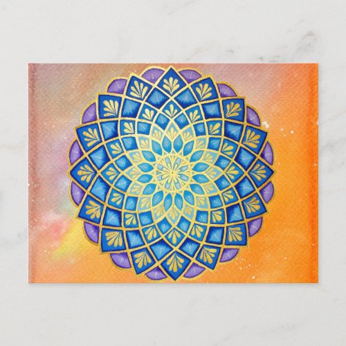 Mandala Gold Orange Watercolor Blue Purple Floral Postcard