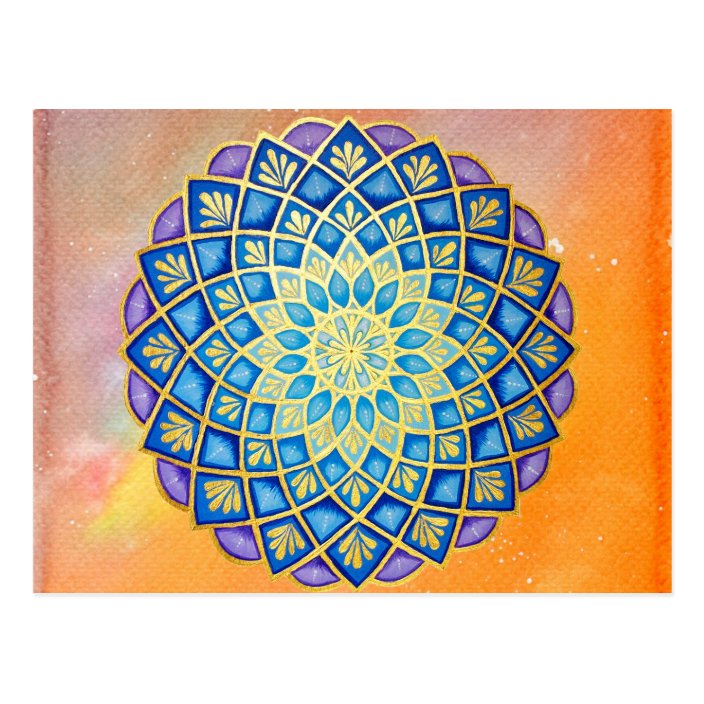 Mandala Gold Orange Watercolor Blue Purple Floral Postcard