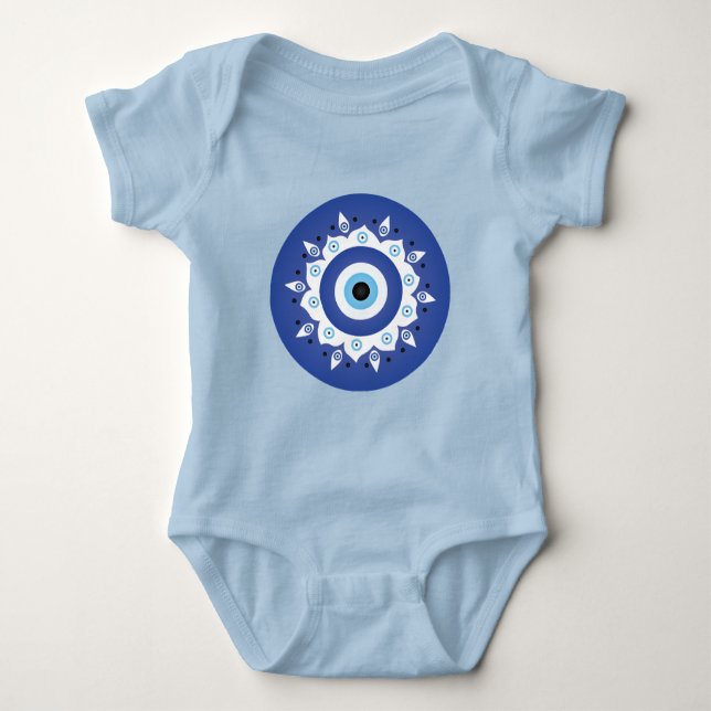 Mandala Greek Evil Eye Blue White Baby Bodysuit (Front)