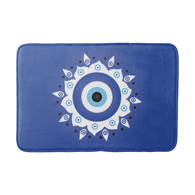 Mandala Greek Evil Eye Blue White Bath Mat (Front)