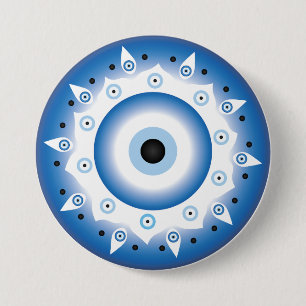 Mandala Greek Evil Eye Blue White Button