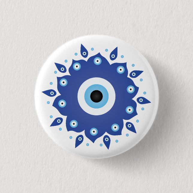 Mandala Greek Evil Eye Blue White Button (Front)
