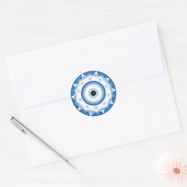 Mandala Greek Evil Eye Blue White Classic Round Sticker (Envelope)