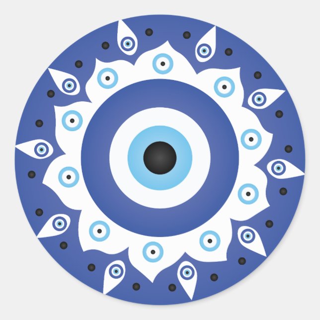 Mandala Greek Evil Eye Blue White Classic Round Sticker (Front)