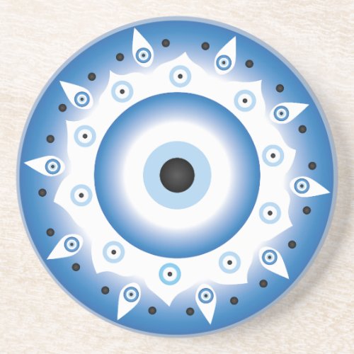 Mandala Greek Evil Eye Blue White Coaster