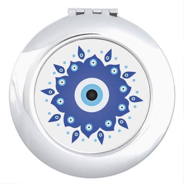 Mandala Greek Evil Eye Blue White Compact Mirror (Front)