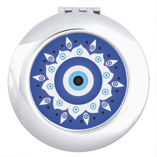 Mandala Greek Evil Eye Blue White Compact Mirror (Front)