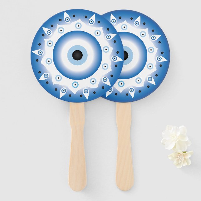 Mandala Greek Evil Eye Blue White Hand Fan (Front and Back)