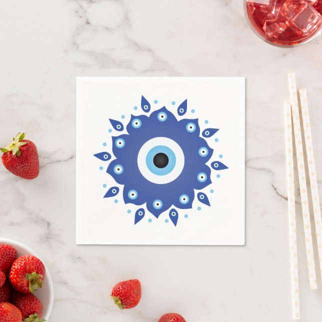 Mandala Greek Evil Eye Blue White Napkins (Insitu)