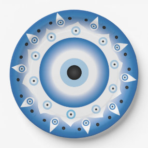 Mandala Greek Evil Eye Blue White Paper Plates