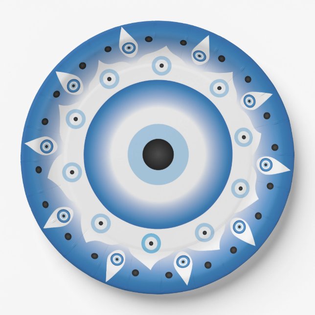Mandala Greek Evil Eye Blue White Paper Plates (Front)