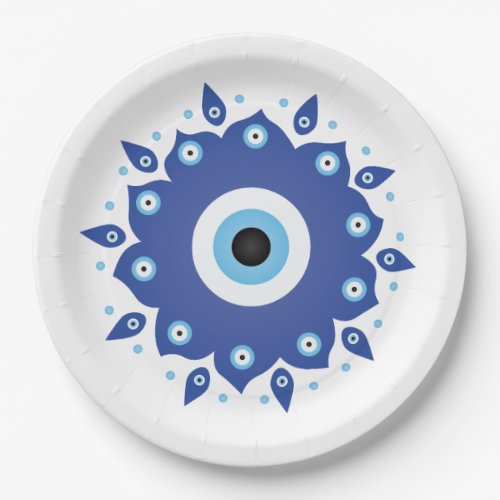 Mandala Greek Evil Eye Blue White Paper Plates
