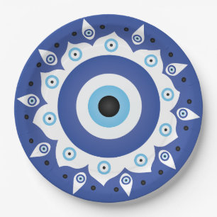 Mandala Greek Evil Eye Blue White Paper Plates