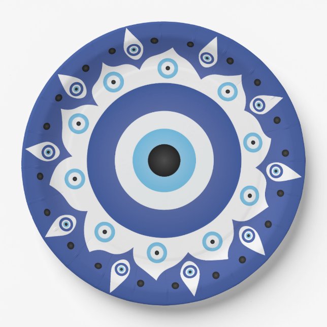 Mandala Greek Evil Eye Blue White Paper Plates (Front)