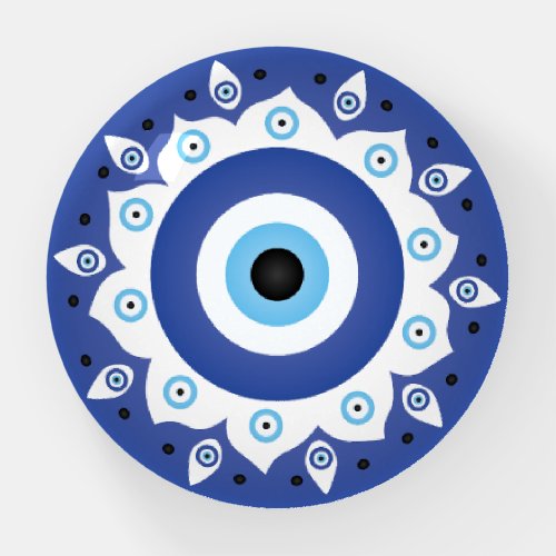 Mandala Greek Evil Eye Blue White Paperweight